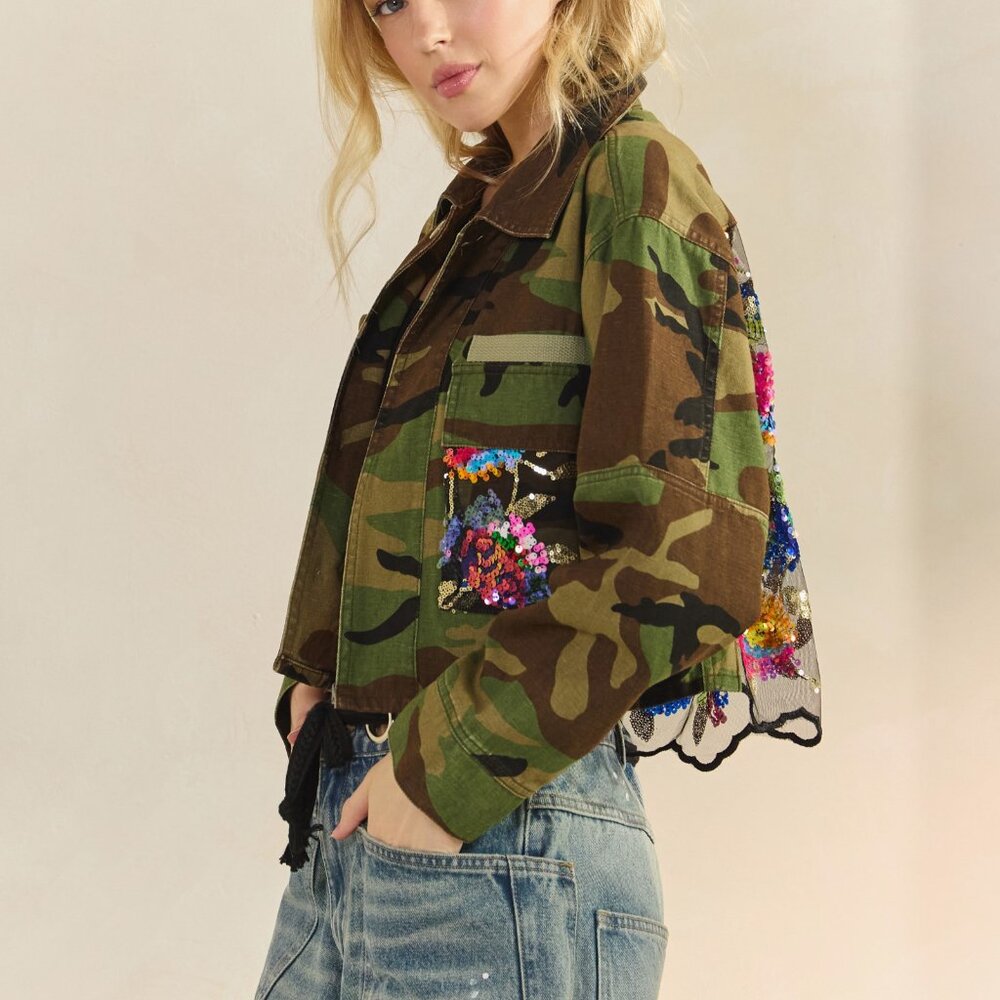 new VEVERET CAMOUFLAGE denim jacket sequins accent floral back SM-3X embellished - Picture 4 of 7